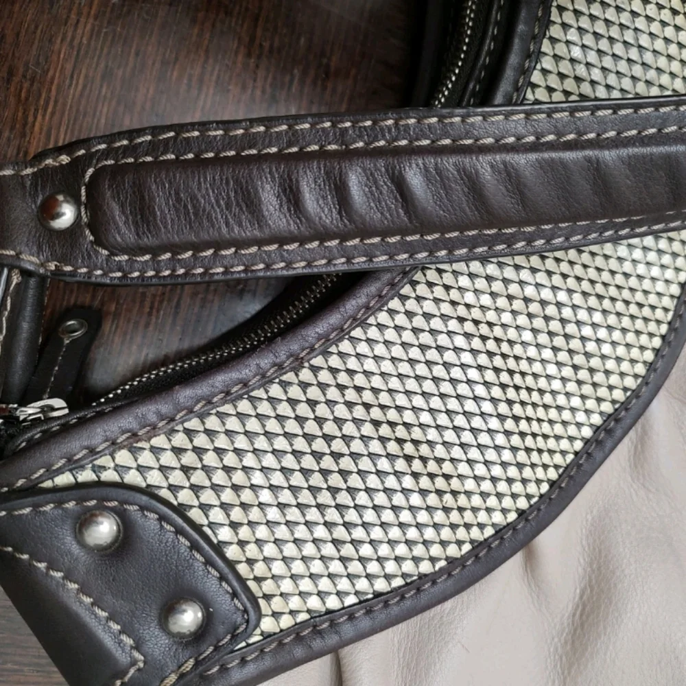 Adrian Vittadini Leather Shoulder Bag W/Snake Skin Look Trim Wide Leather Strap